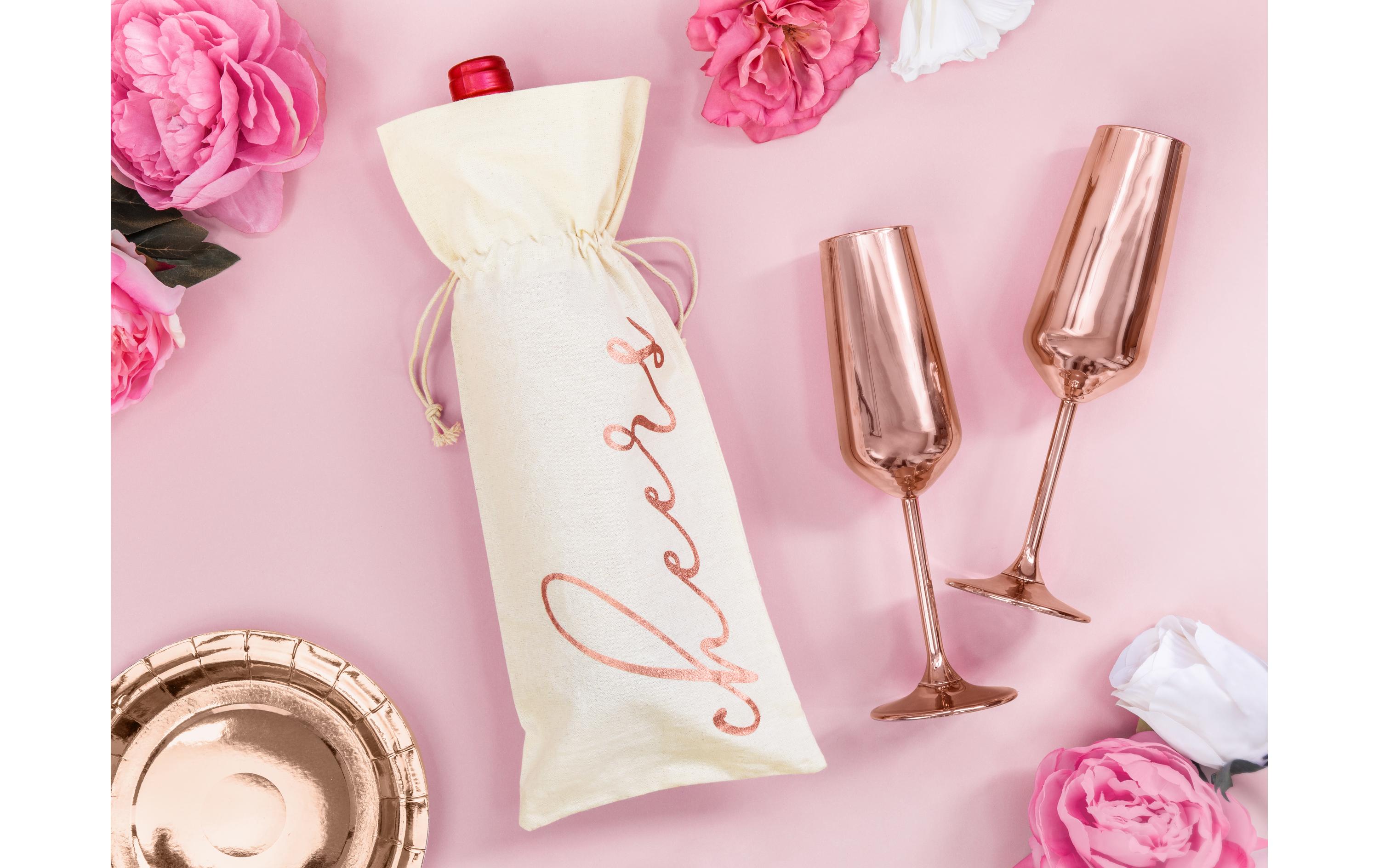 Flaschentasche Cheers 5 Stück, Beige/Rosegold, 15.5 x 36 cmFlaschenverpackung aus Stoff für Wein oder Sekt