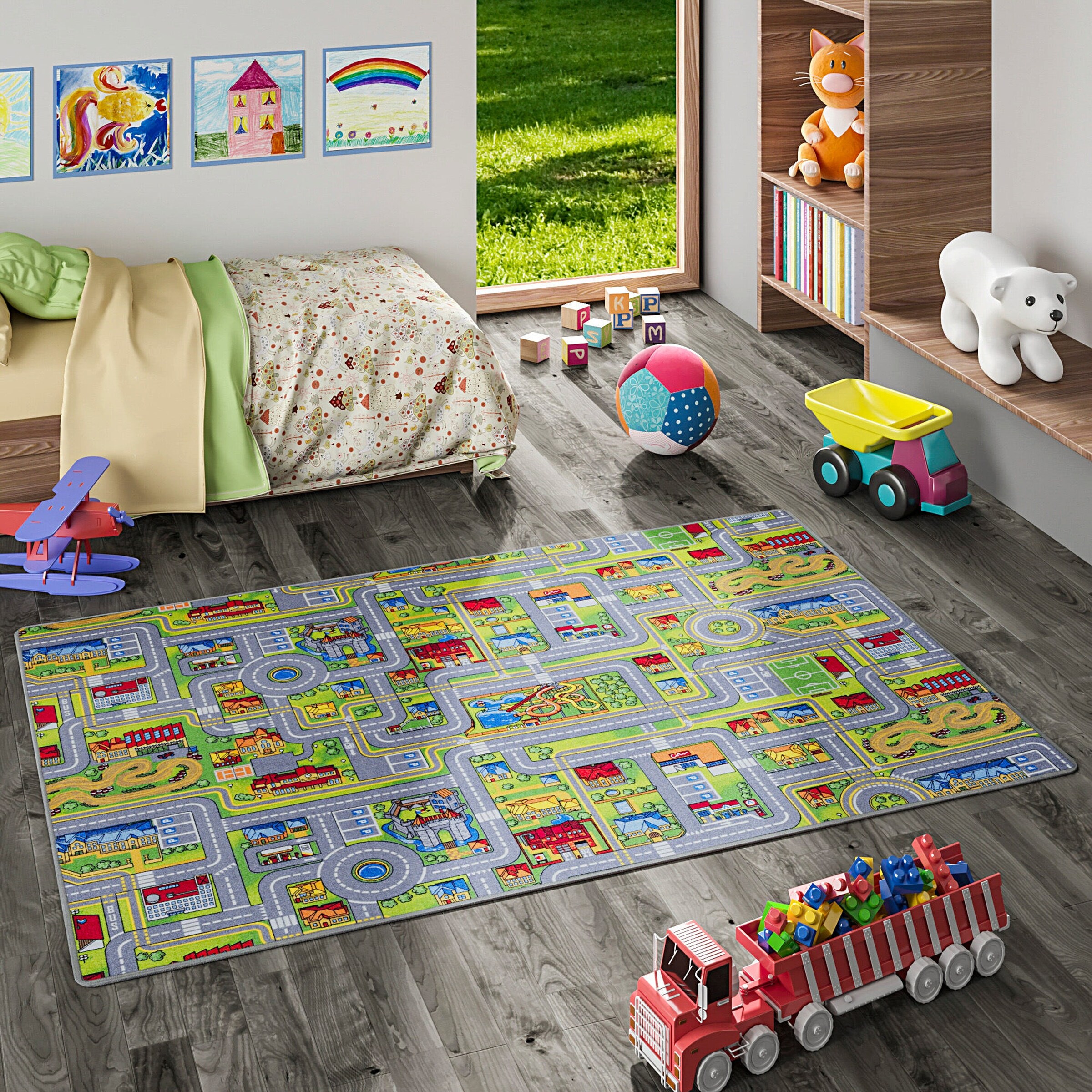 Snapstyle Kinder Spiel Straßenteppich Grau Grün - 100x200 cm