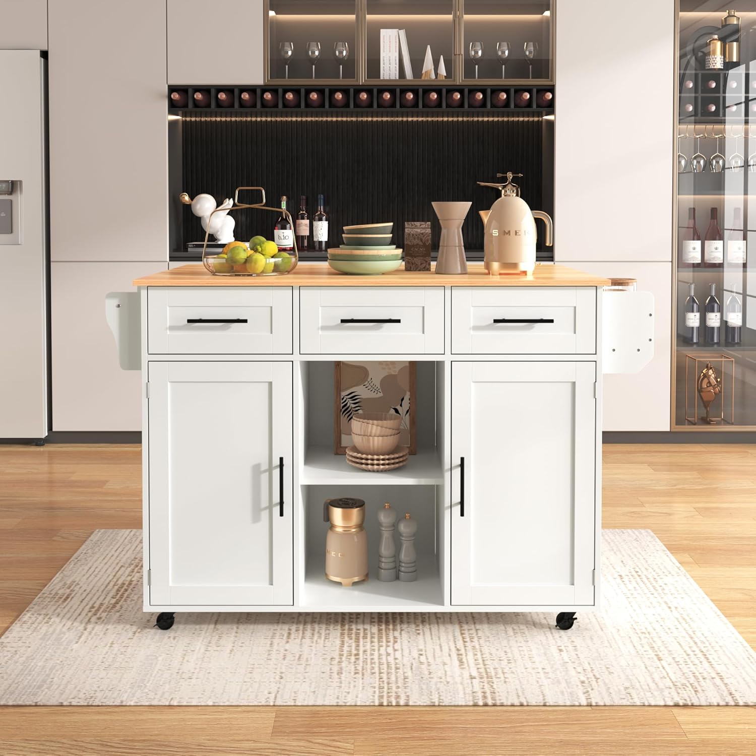 Küchenschrank mit Klappbarer Arbeitsplatte ,Kücheninsel freistehend auf 5 Rollen und 3 Schubladen Mobiler Sideboard Storage küchenschränke für Küche und Esszimmer 139x46(71) x91,5 cm(Weiß)