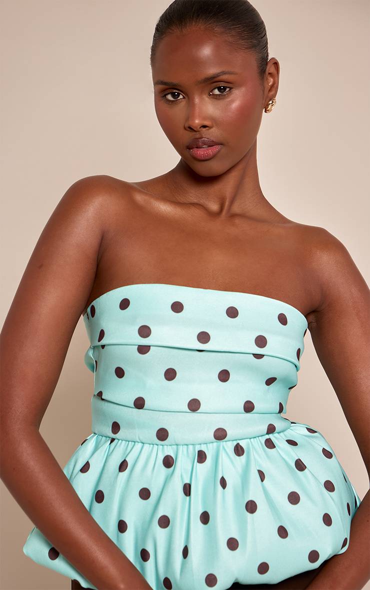 Vert Menthe Top Bandeau À Ourlet Bouffant En Tissu Extensible Tissé À Pois