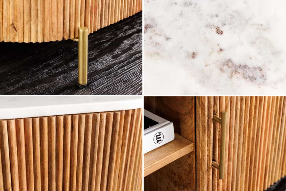 Massives TV-Board TRES CHIC 140cm natur Mangoholz weiß Marmor mit viel Stauraum