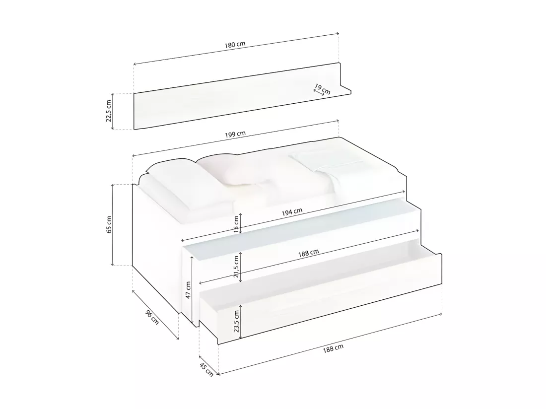 Lit et étagère aggloméré blanc sans sommiers et matelas 65x199x96cm
