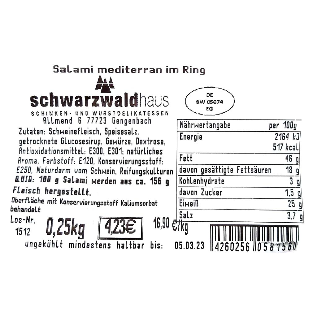 Schwarzwaldhaus Salami mediterran im Ring 250g MHD:21.2.25