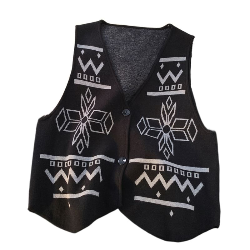 Aozora - V-hals vest met patroon en enkele rij knopen