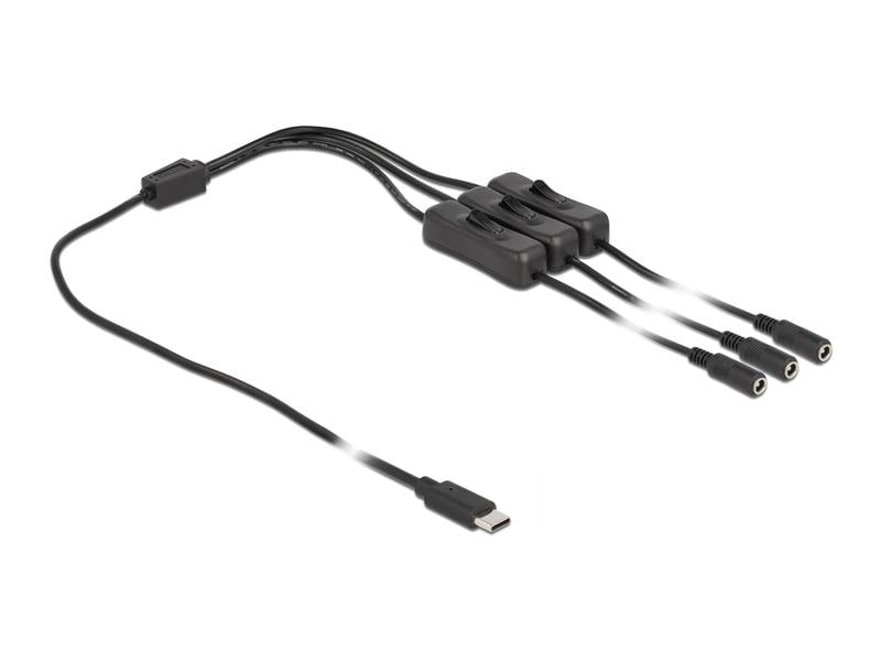 Delock Hohlstecker Kabel USB Type-C zu 3 x DC mit Schalter Delock Kabel USB Type-C Stecker zu 3 x DC 5.5 x 2.1 mm Buchse mit Schalter 1 m
