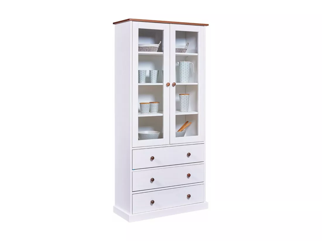 SOCOA - Vitrine 2 Portes 3 Tiroirs en MDF Laqué Blanc