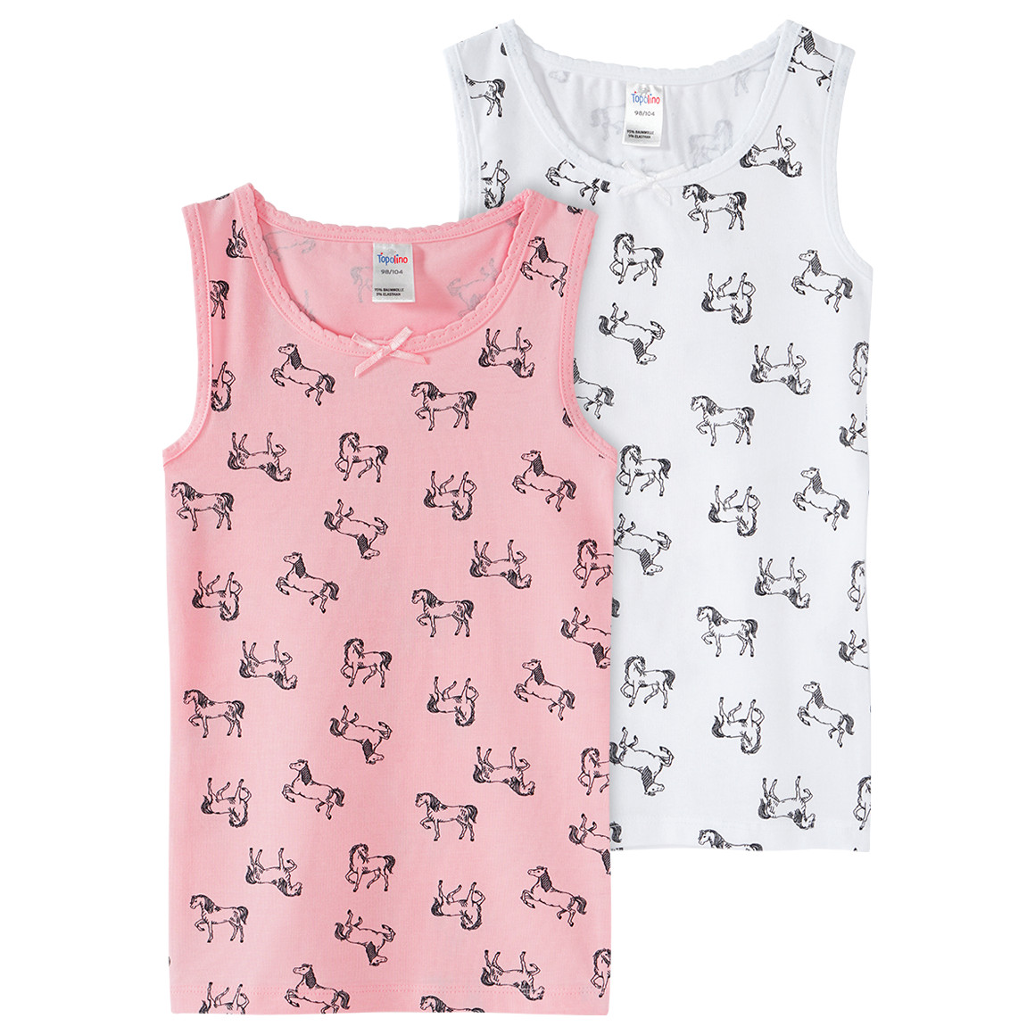 Topolino 2 Mädchen Unterhemden mit Pferden rosa / weiss