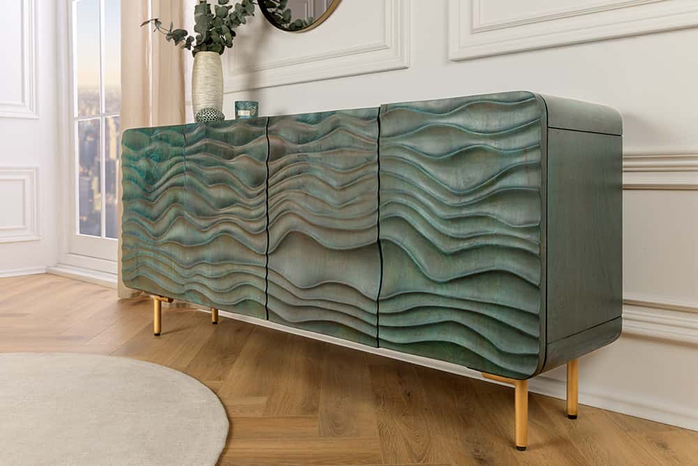Design Sideboard WAVE 160cm türkis Mangoholz Massivholz mattgold Metallbeine