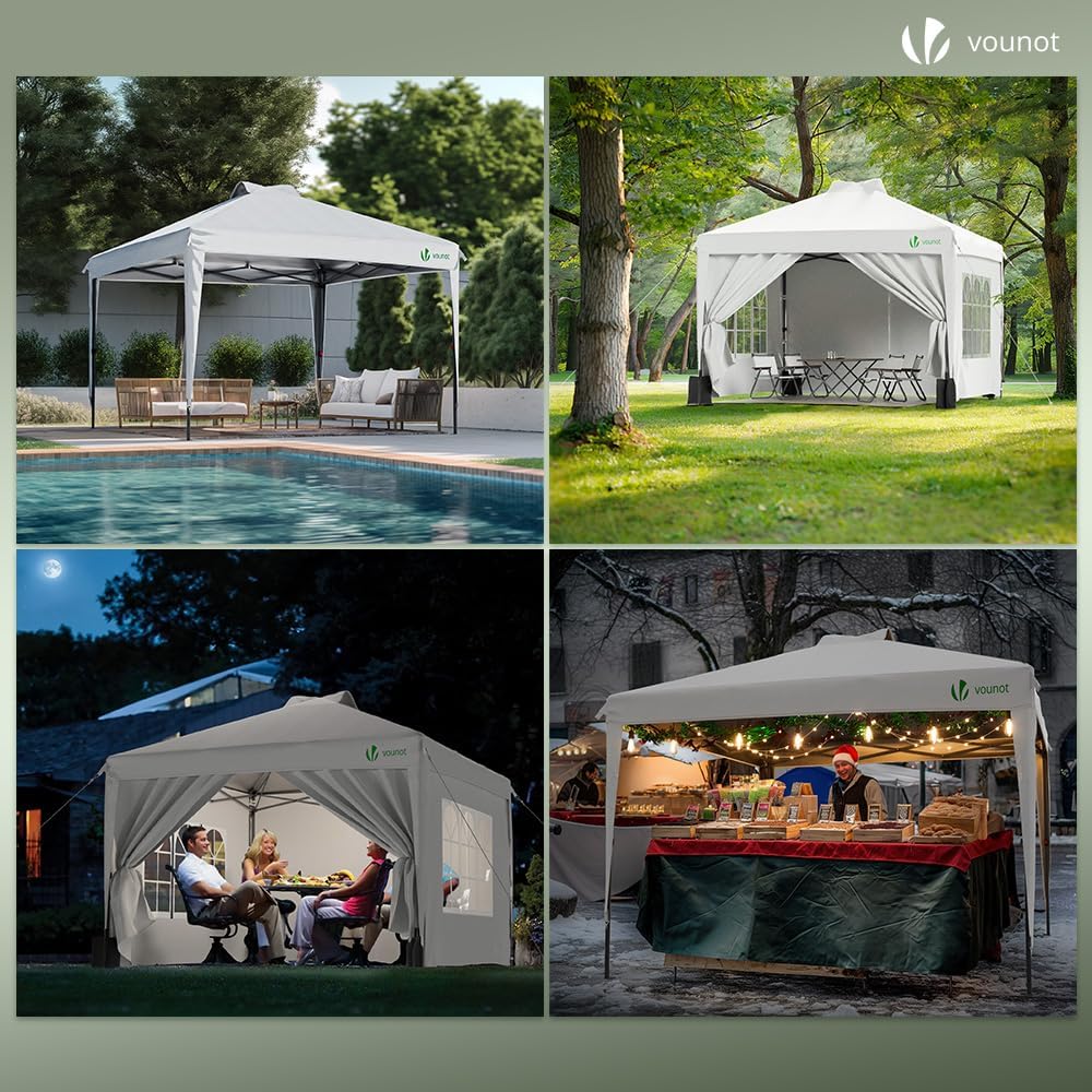 VOUNOT® Pavillon 3x3m Wasserdicht Stabil Winterfest, Pop Up Faltpavillon mit 4 Seitenteilen und 6 Sandsäcke, Faltbar Partyzelt Gartenzelt Gartenpavillon inkl. Tasche, Weiß