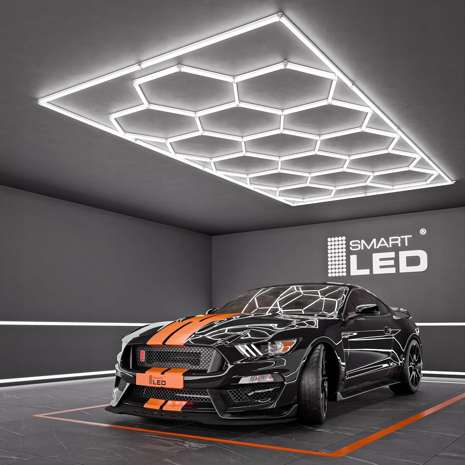 Garagenlampe Hexagon LED 298x209 cm – 15er Set Werkstattbeleuchtung 696W 6500K Kaltweiß – 115LM/W – IP54 – Flimmerfrei – CRI>90 – LED Panel Lichtsystem für Garage, Studio, Detailing, Büro