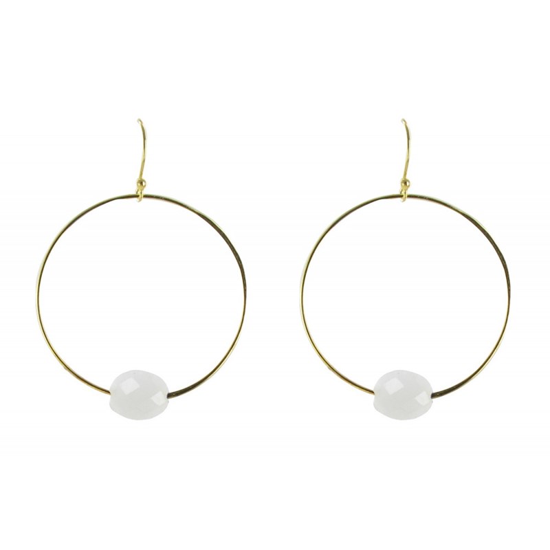 Boucles d'Oreilles Argent Doré Créoles et Agate Blanche Facettée