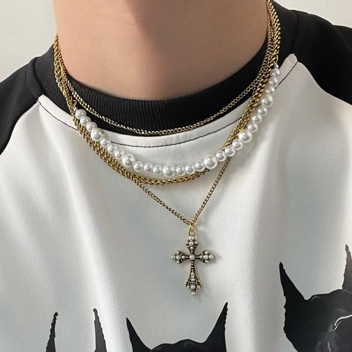 Lilafey - Kruis strass hanger imitatie parel gelaagde ketting