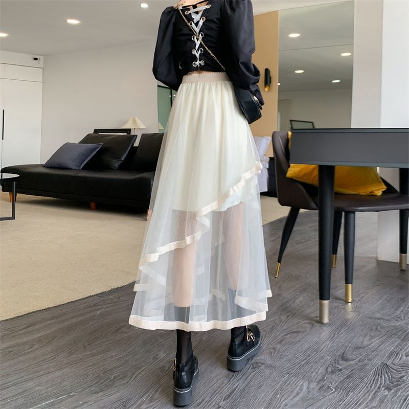 Sisyphi - Asymmetrische gelaagde midi-A-lijn rok met hoge taille en mesh
