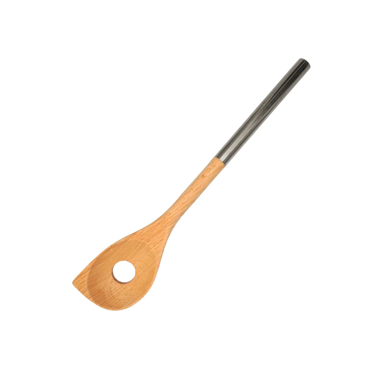 Cuillère en bois biseautée avec un trou manche inox 34 cm Boissellerie