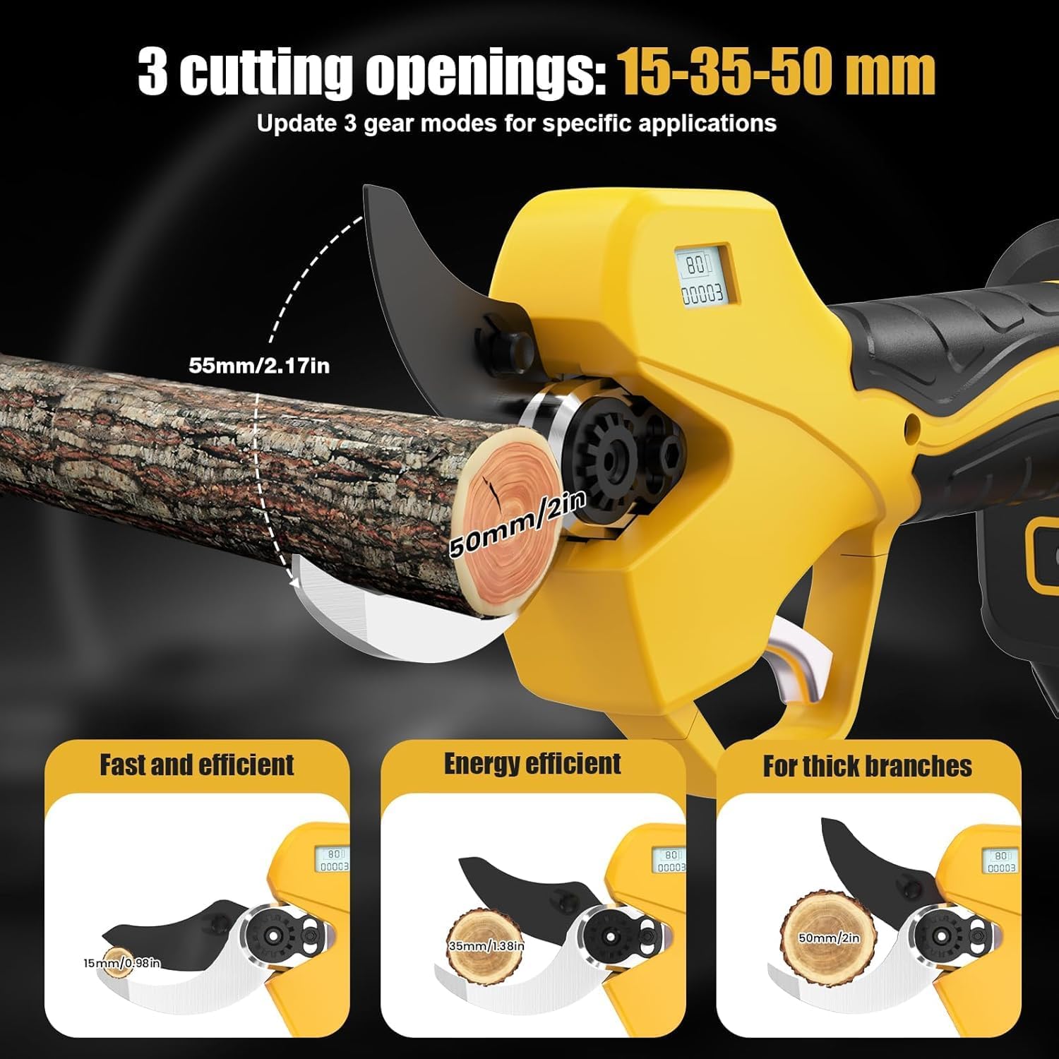 Akku Astschere, 50MM Astschere Akku, Mit Bildschirm, bürstenlosem 1000-W-Motor, 2 2000-mAh-Akkus, 2 SK7-Klingen, 1000 Schnitte pro Ladung, geeignet für Obstgärten und Bauernhöfe