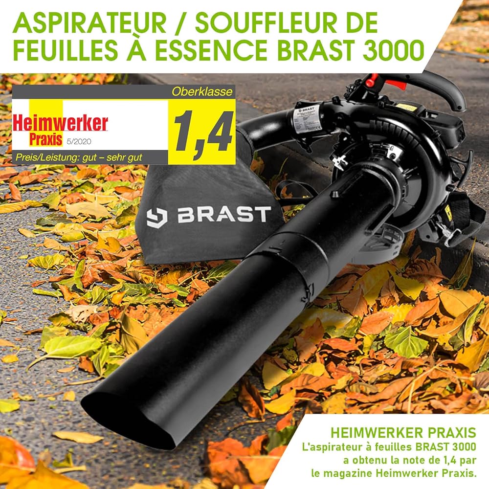 BRAST Souffleur, aspirateur, broyeur therrmique 1000W 30cc vitesse de soufflage 265km/h 1,36cv 9.000 trs/min sac 55l, anti-vibrations, sangle réglable, 4en1 : Jardin
