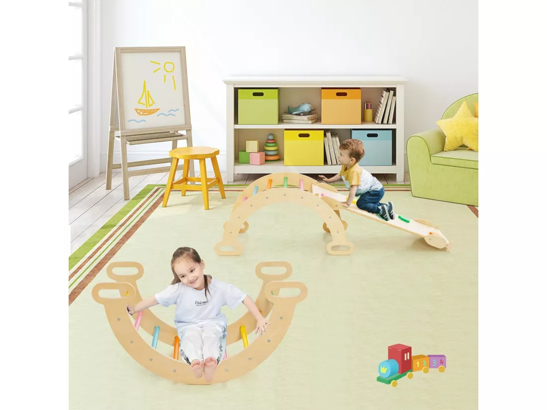 7 en 1 Triangle d'escalade, Montessori Enfants avec Rampe Réversible, Arc d'escalade ou Bascule en Bois de Hêtre, Charge Max 50KG pour Glisser ou Grimper pour Bébé de 1 an+, Multicolore