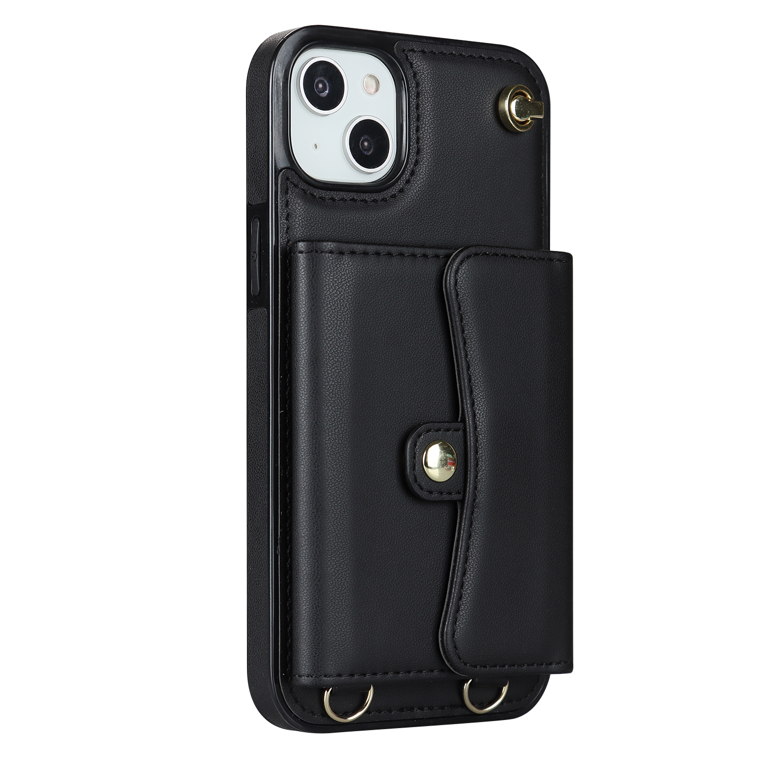 iPhone 14 / iPhone 13 Necklace Leder Schutz Hülle mit Kartenfach   Handykette (140cm) - Schwarz