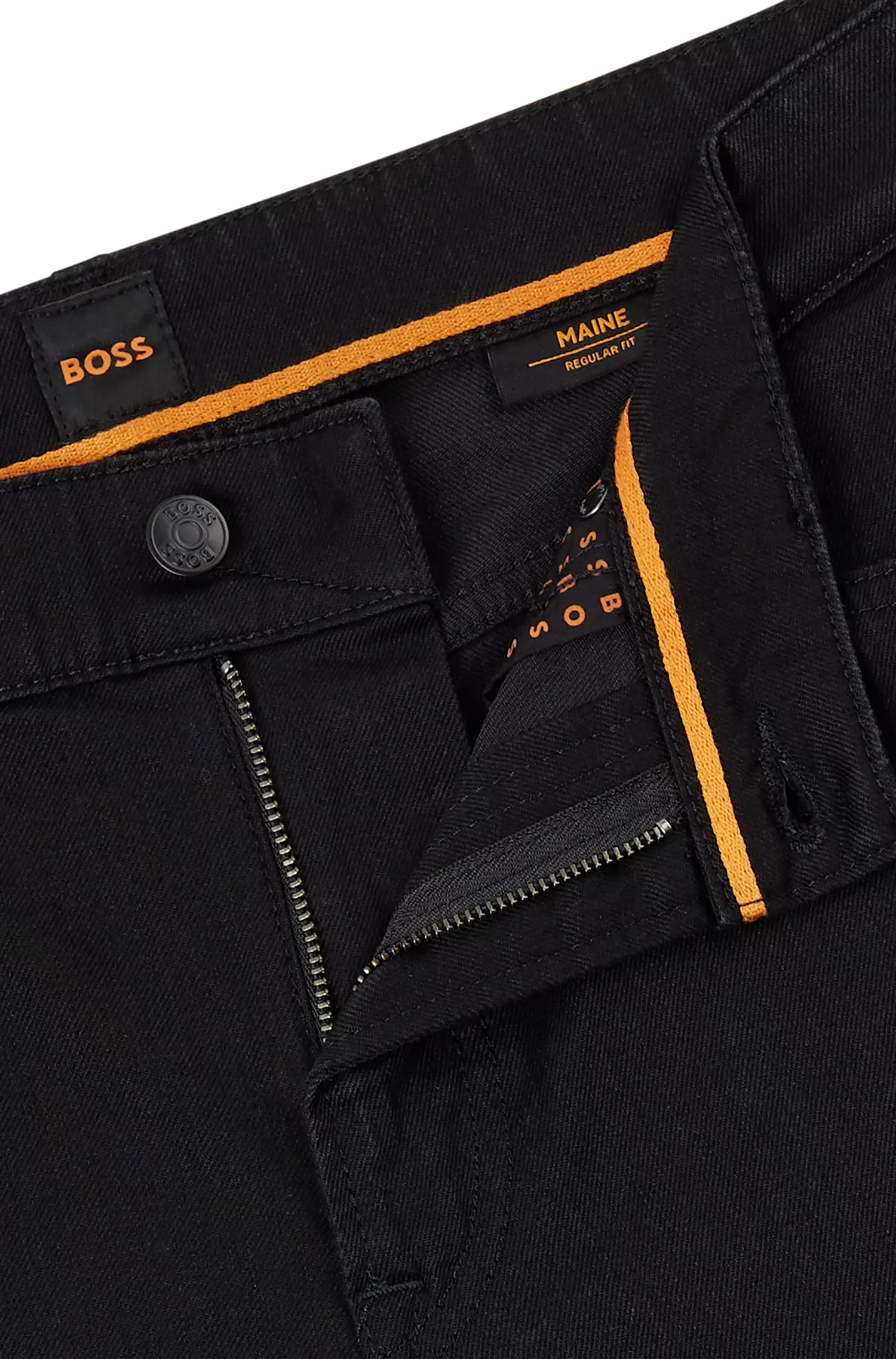Calça jeans BOSS laranja, corte regular, em denim preto com elastano para maior conforto.