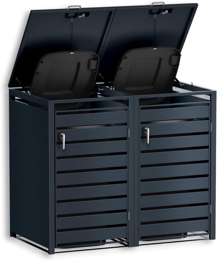 Metzler Mülltonnenbox in Anthrazit mit Sichtstreifen 2er 240L, Mülltonnenverkleidung 2 Tonnen, witterungsbeständiger und pulverbeschichteter Stahl mit Automatikdeckel, abschließbar, Garten- & Müllbox