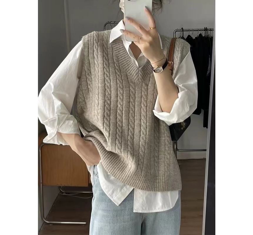 Shinsei - Effen shirt / V-hals kabelgebreid vest
