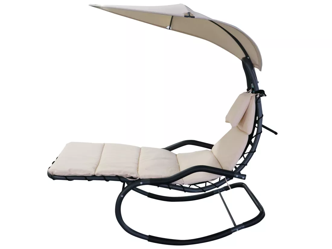 Bain de soleil transat à bascule design contemporain avec pare-soleil et matelas 1,65L x 1,25l x 1,84H m acier époxy noir polyester beige