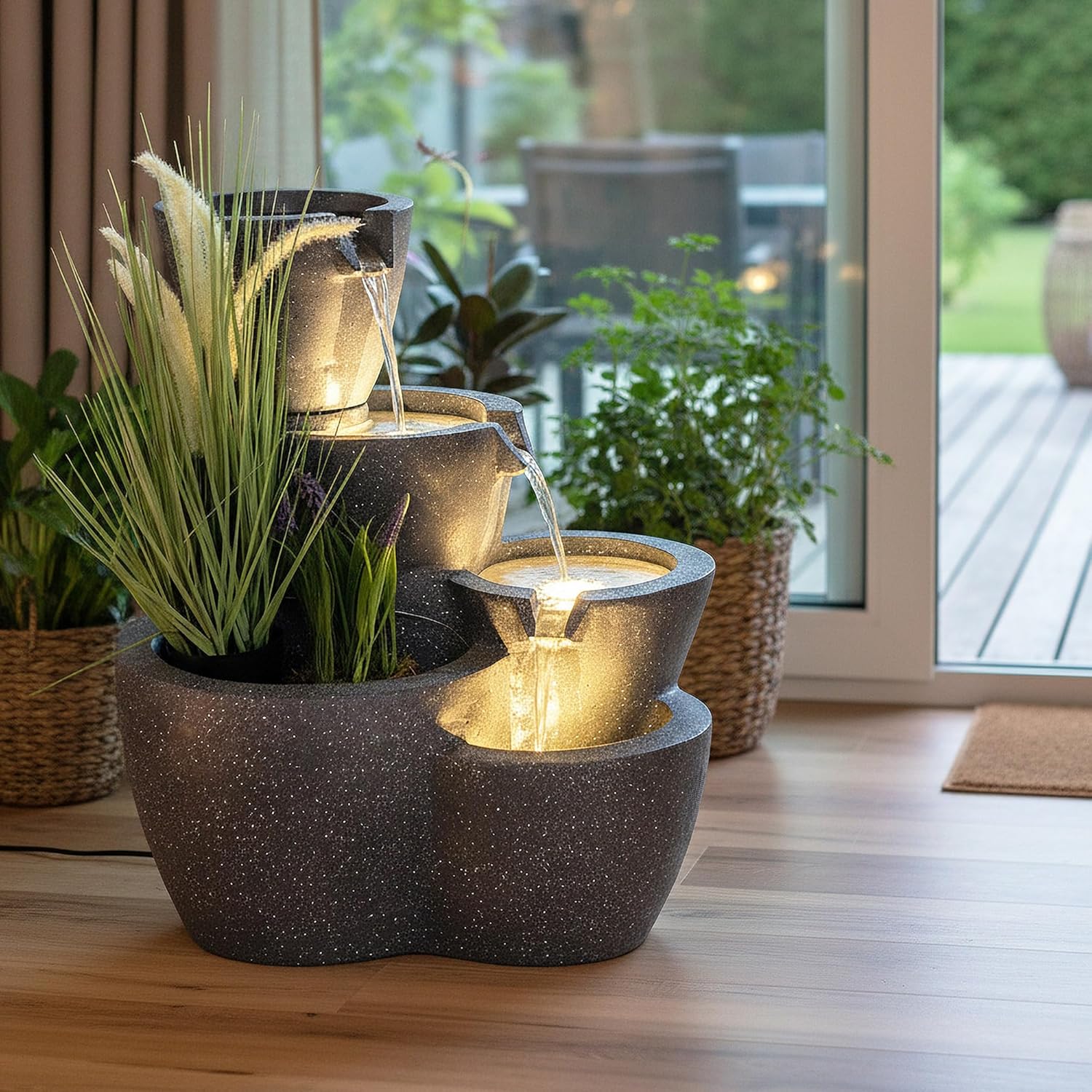 Zimmerbrunnen mit Beleuchtung Botana Gartenbrunnen bepflanzbar Springbrunnen Terrassenbrunnen (LED: Warm-Weiß)
