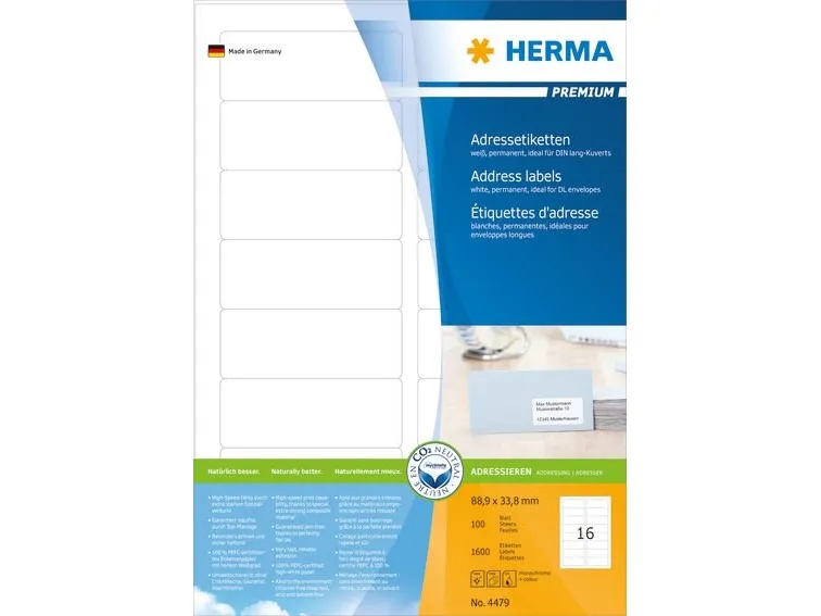 HERMA Premium - Papir - mat - permanent selvklæbende - hvid - 88.9 x 33.8 mm 1600 etikette(r) (100 ark x 16) laminerede adressemærkater