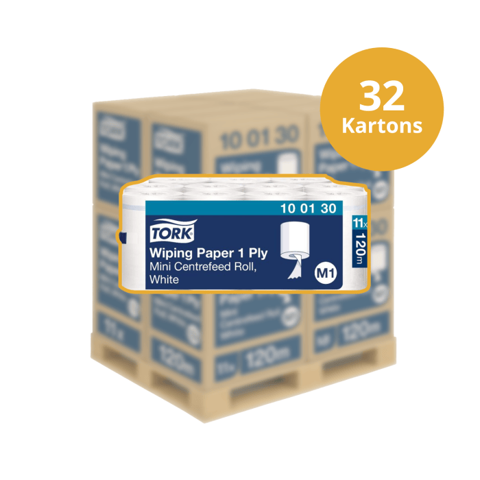 Pallet Poetspapier Tork Wiping 11 mini rollen M1 1 laags centerfeed 100130 Pallet (100130P)