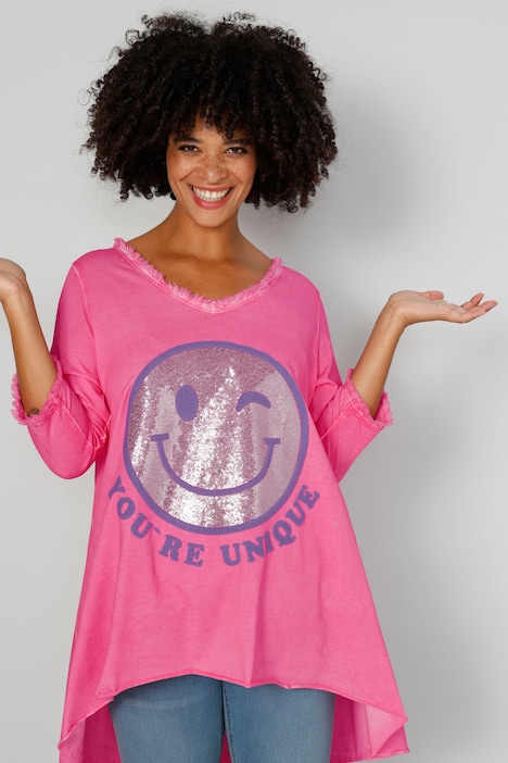 Longshirt, Smiley, Rundhals, Langarm, gerundeter Saum