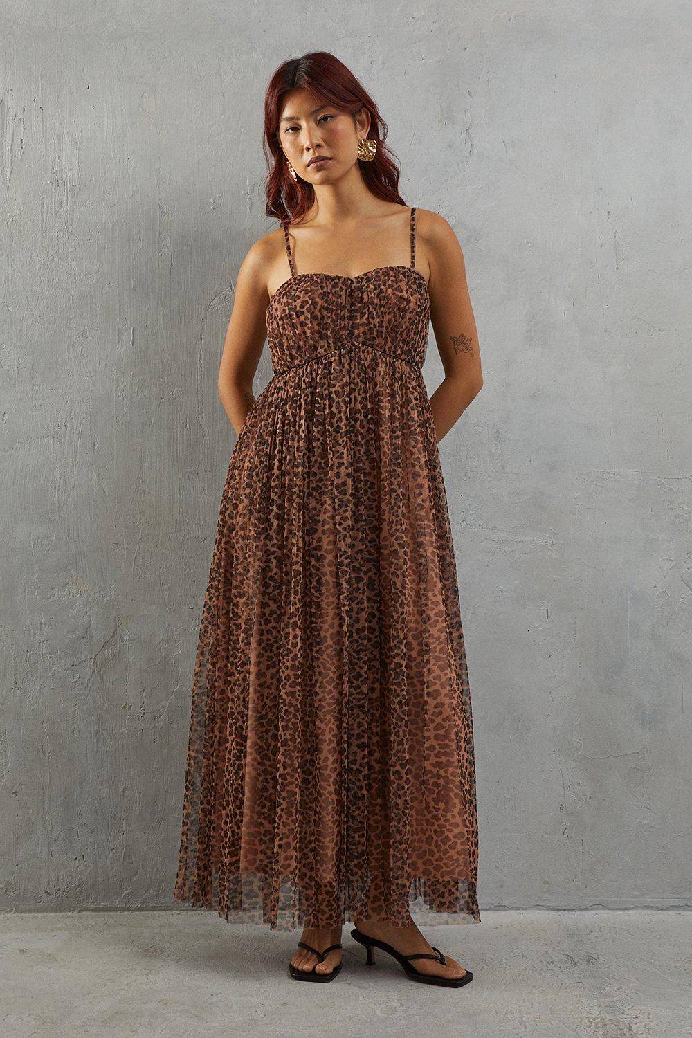 Warehouse Robe Maxi Bustier à Bretelles en Tulle Imprimé Animal