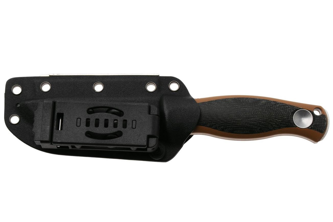 Kizer Polaris 1100A1, Satin AEB-L, Brown G10 / Black Micarta vaststaand mes, Azo design