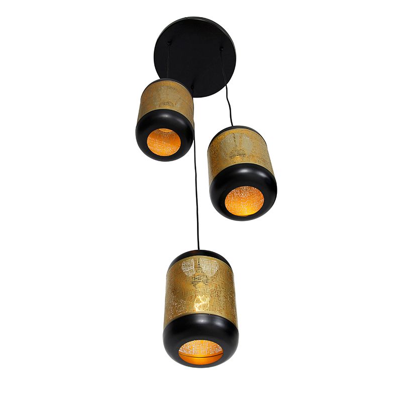 Vintage hanglamp zwart met messing rond 3-lichts - Kayleigh