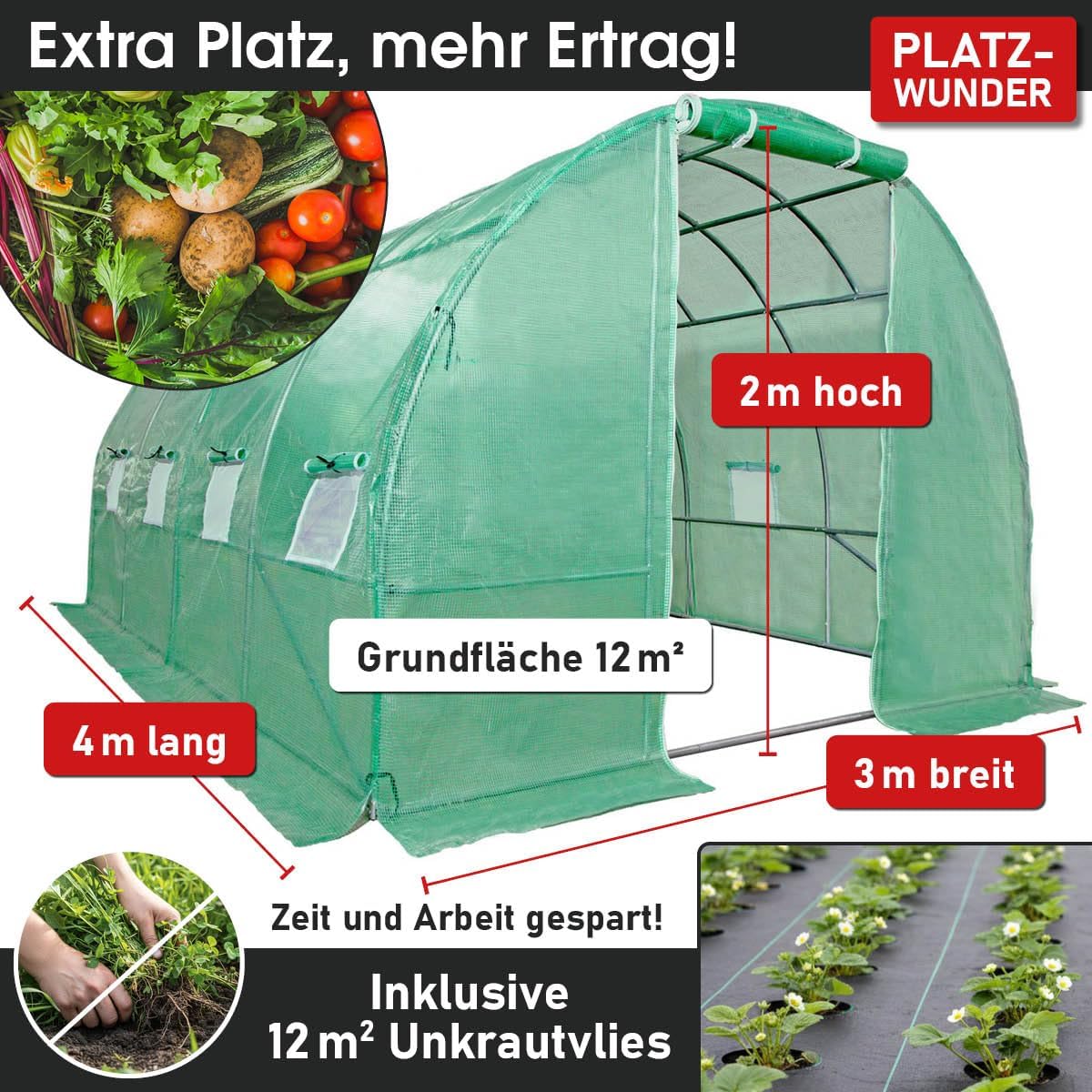 BRAST Gewächshaus Foliengewächshaus mit Stahlfundament | 2x3m - 3x8m | inkl. Erdanker Unkrautvlies & 8 Aufrollbare Fenster mit Moskitonetz | UV-stabilisierte Gitterschutzfolie 200g/m² | 300x400cm