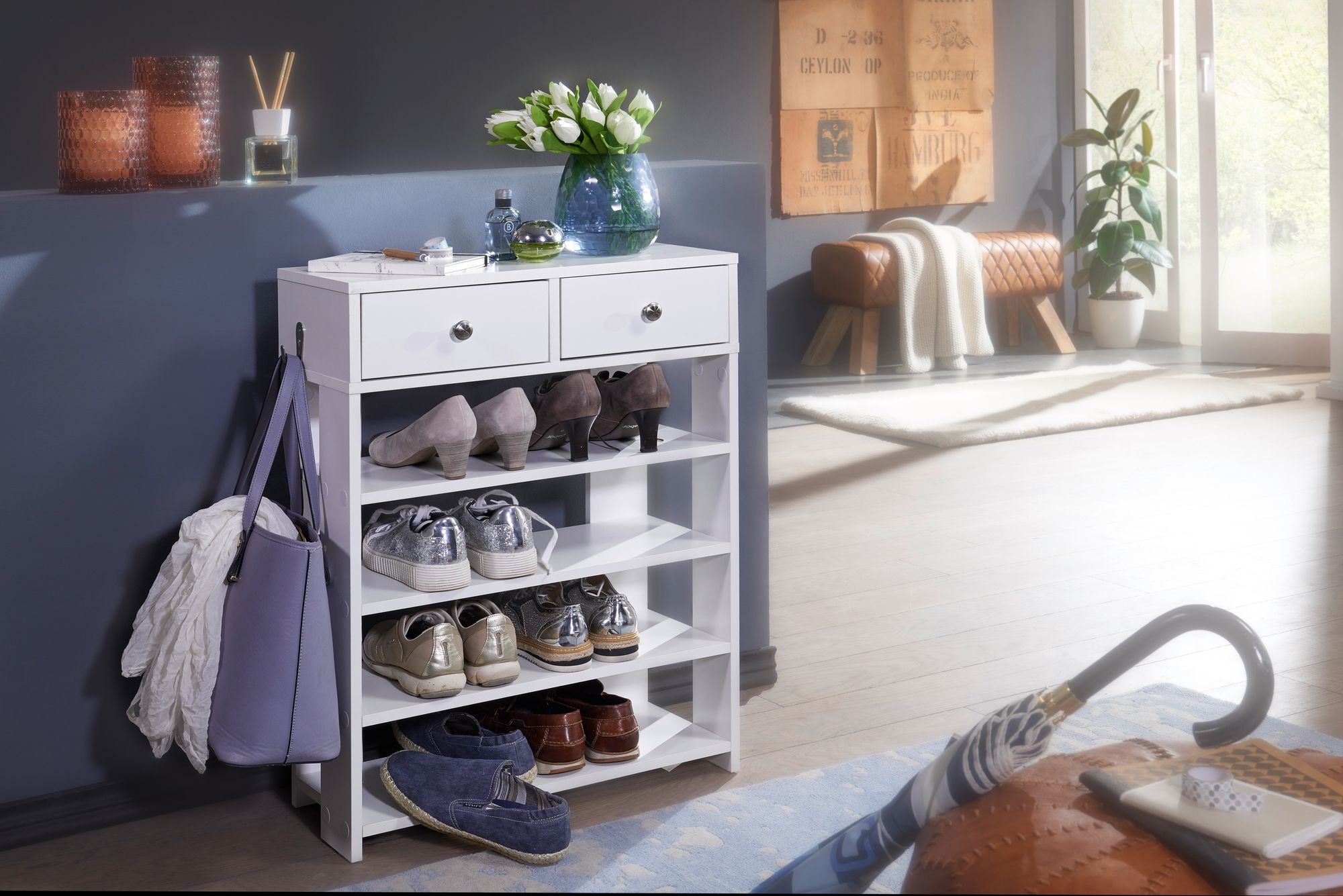 FineBuy Schuhregal 60x79cm Flurregal Weiß Standregal mit Schublade und 4 Fächer