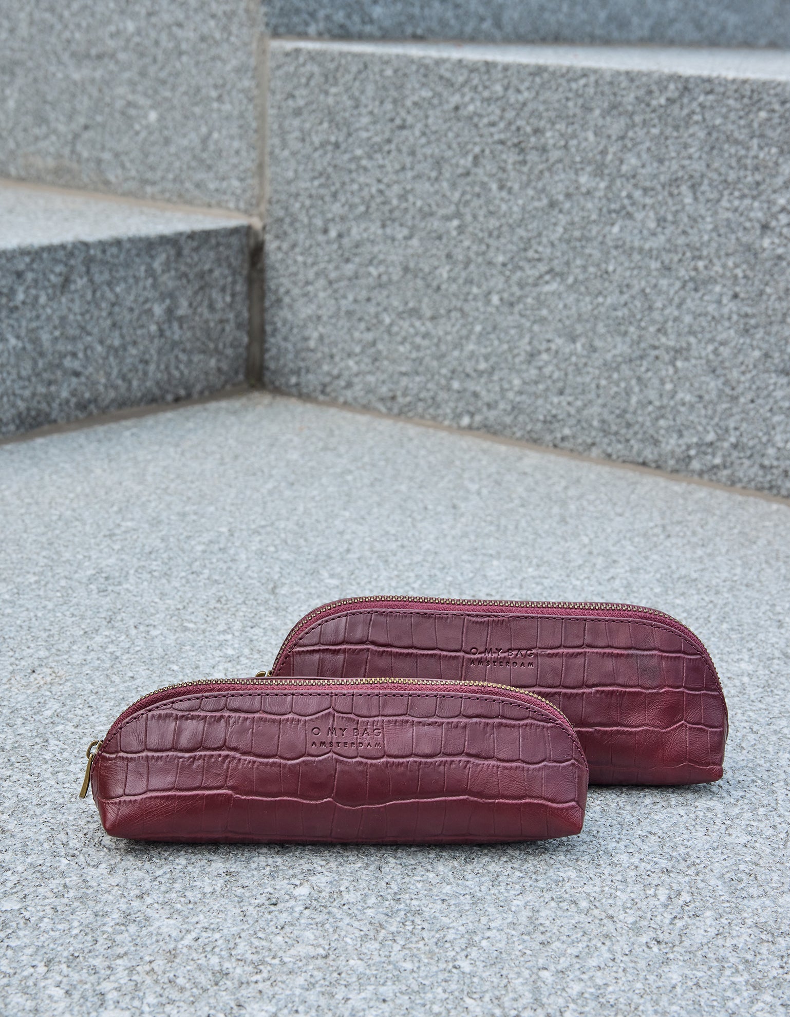 Pencil Case Large - Dark Cherry Croco Print Leather