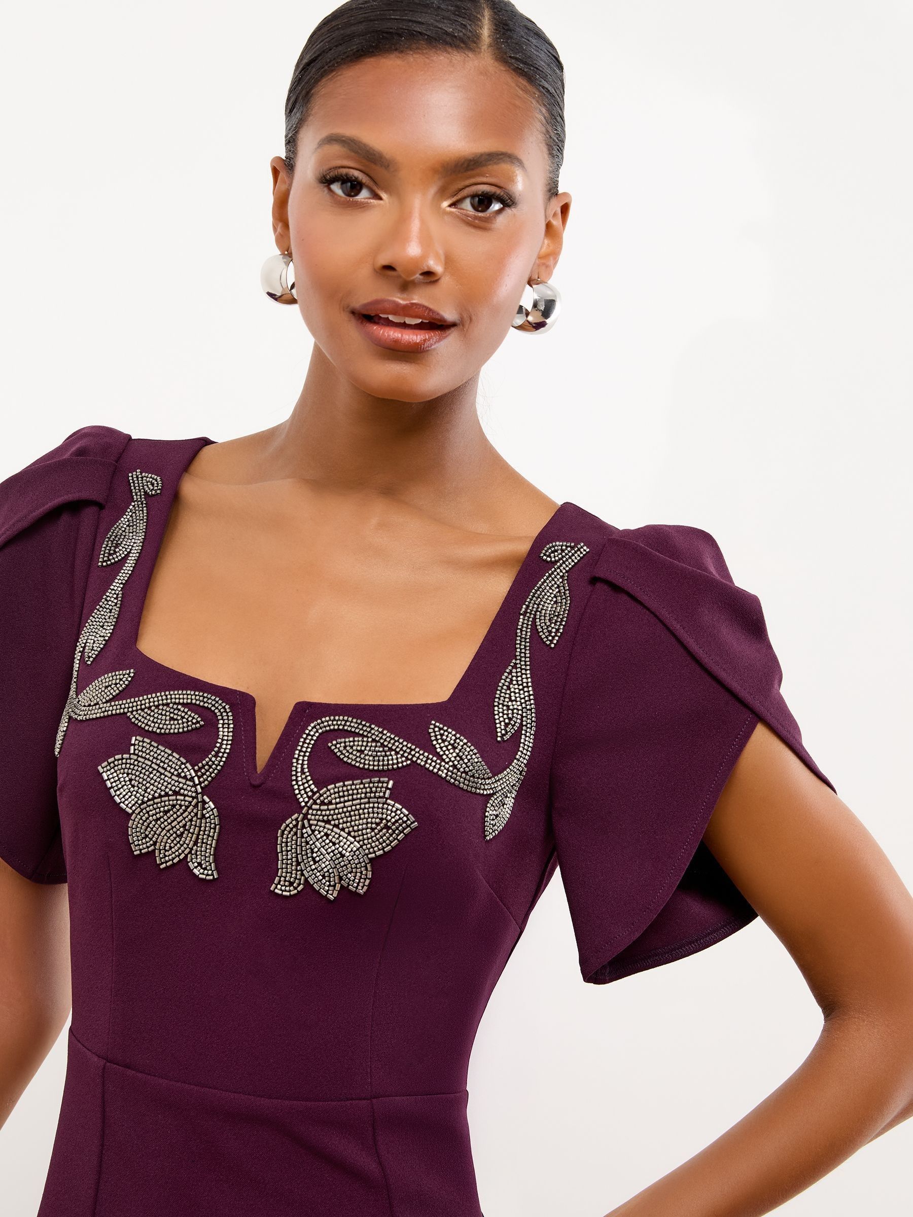 Lipsy Puff Sleeve Embellished Appliqué Bodycon Midi Dress