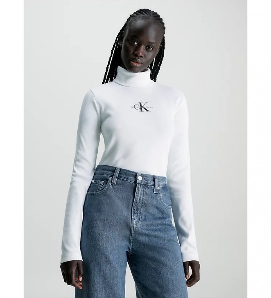 Blusa de gola alta canelada com monograma branco da Calvin Klein Jeans