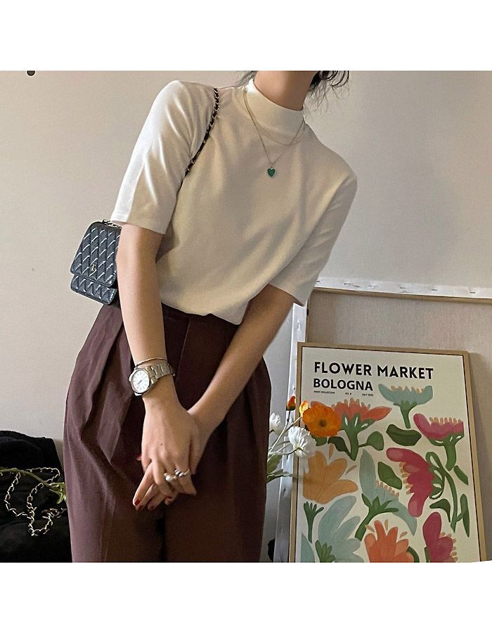 JVL - T-shirt met korte mouwen en mock-neck, effen