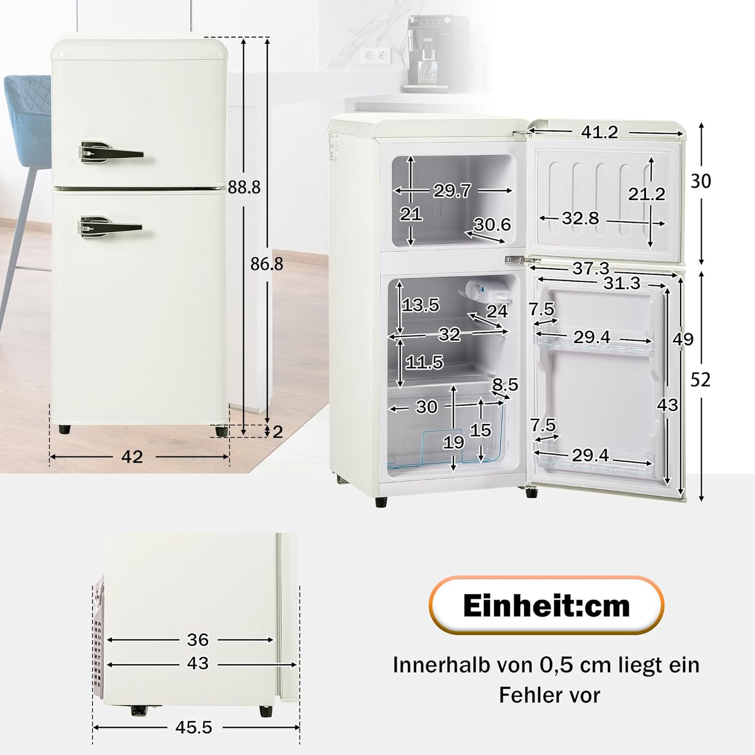 Merax Retro Kühlschrank, 60L Mini-Kühlschrank mit Gefrierschrank,Kühl-Gefrierkombination,22 Liter Gefrierfach, 38 Liter Kühlfach,102 kWh/Jahr, LED-Beleuchtung, cremeweiß