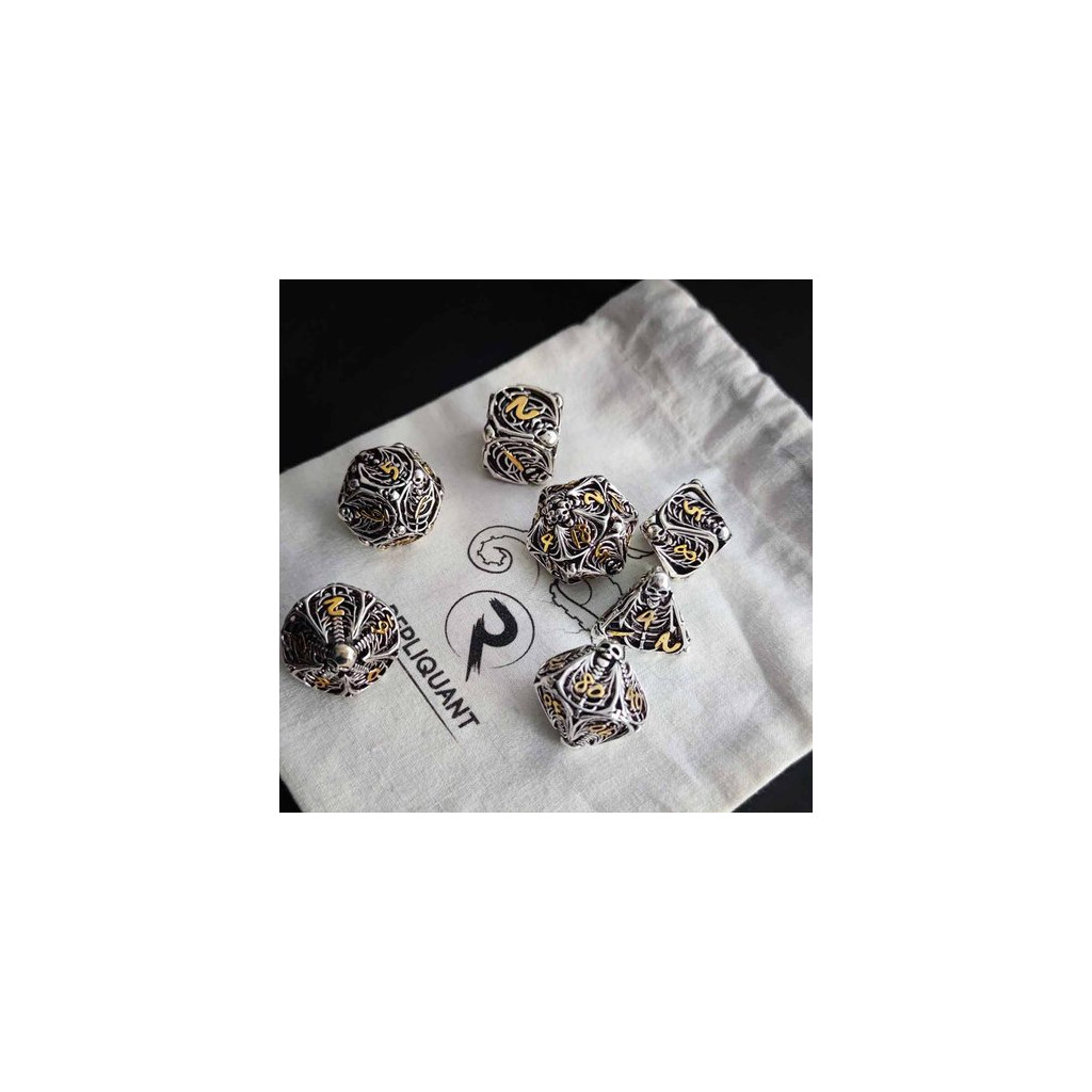 Set de 7 Dés JDR Répliquant : Hollow Nécromancien Acier et Jaune