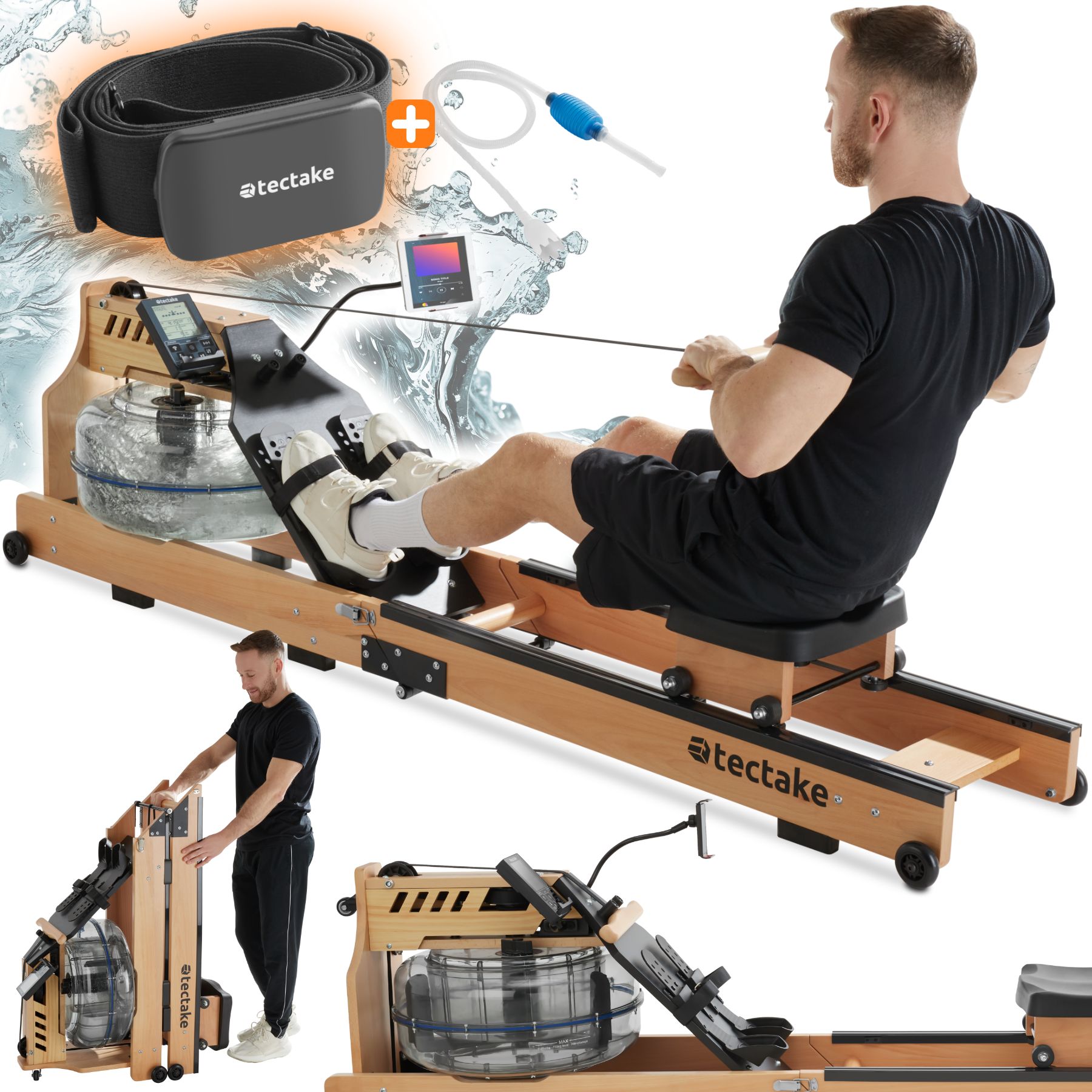 tectake® Holzrudergerät, aus massiver Buche, klappbar, Belastbarkeit 150 kg, inkl. Tablethalterung sowie Trainingscomputer mit Bluetooth und Brustgurt
