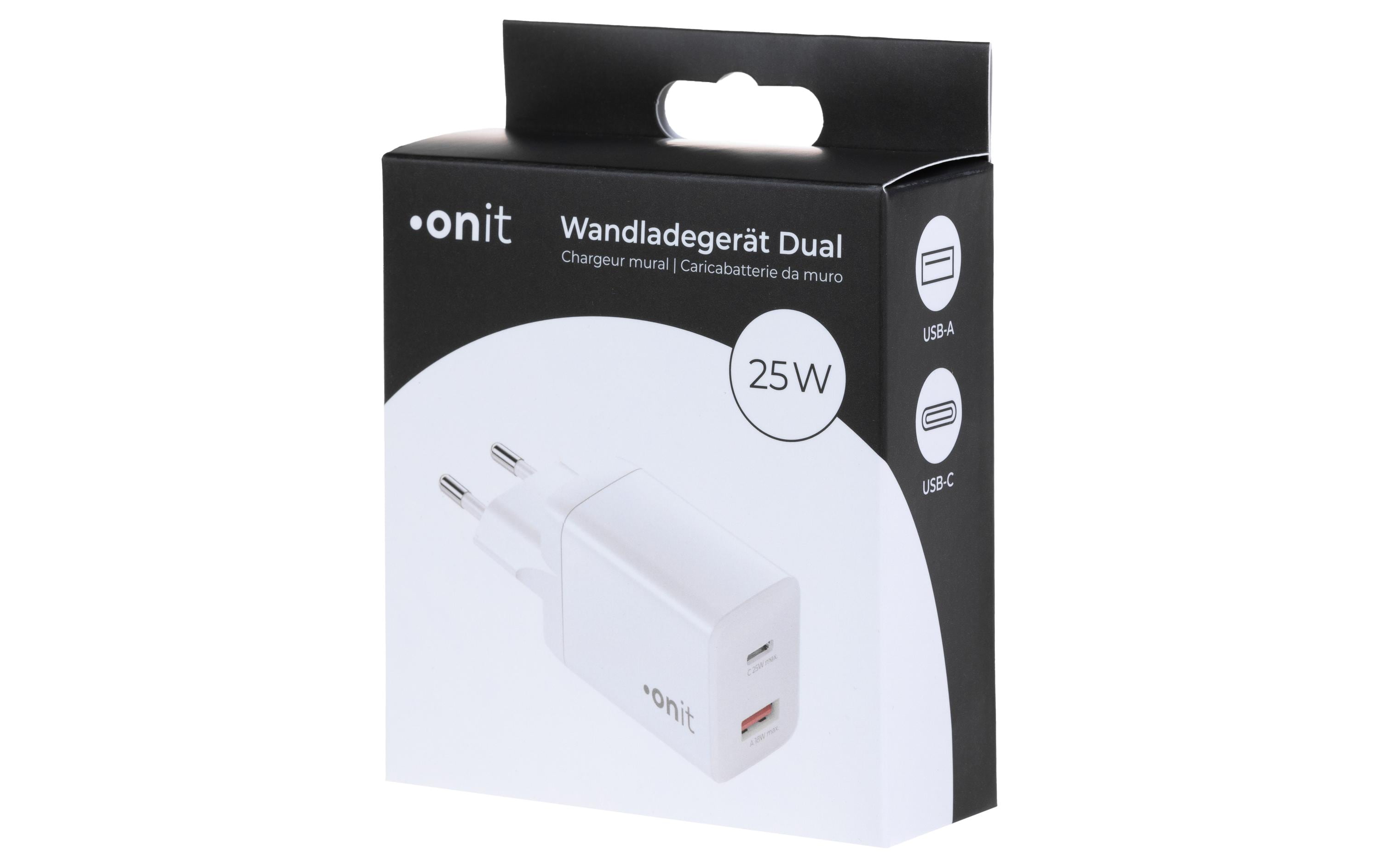 USB-Wandladegerät PD25W + QC3.0 WeissLadeadapter mit einem USB-C- und einem USB-A-Port