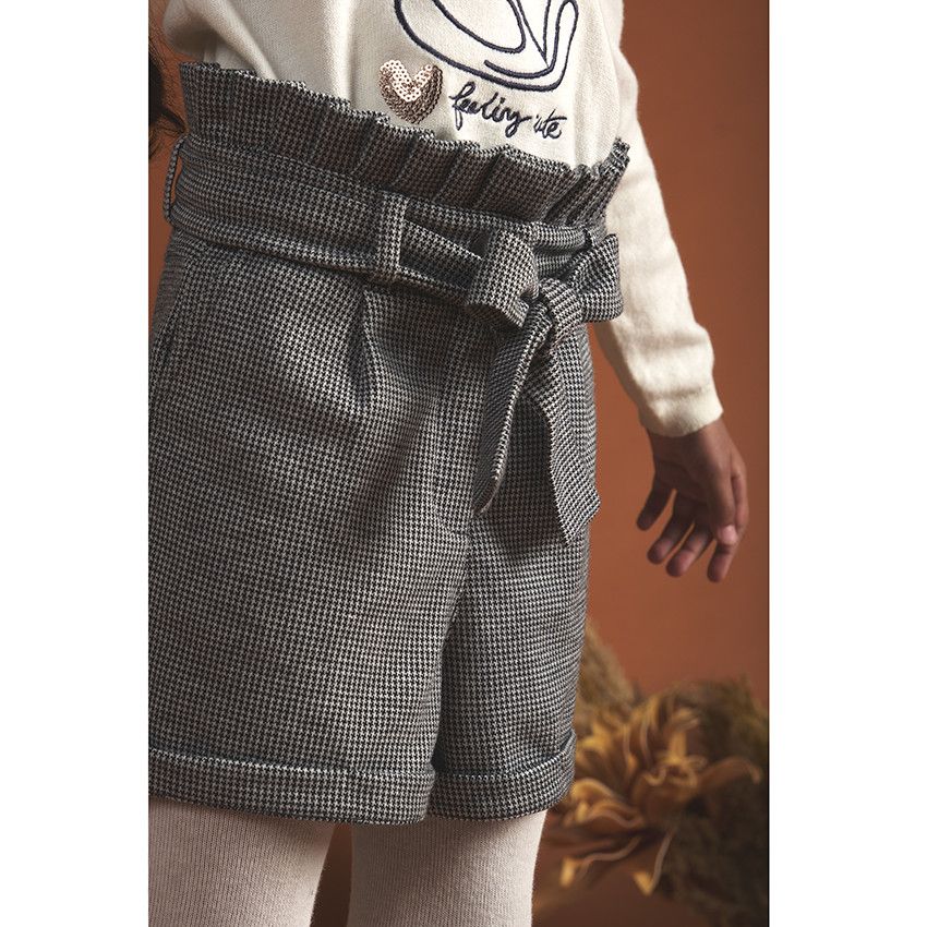 Short à carreaux avec ceinture à nouer pour fille - Gris foncé