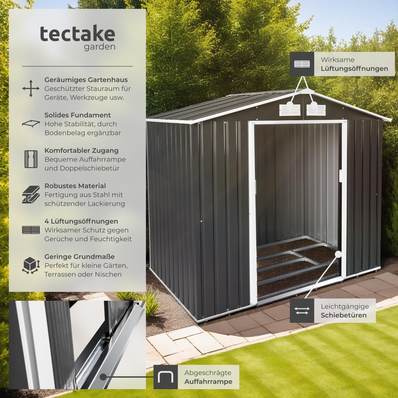 tectake® Metall Gartenhaus mit Satteldach, Geräteschuppen Garten mit Schiebetür, Gerätehaus mit Metallfundament, als Gartenschuppen, Gartenhütte oder Fahrradgarage, 4 m³ Lagerfläche - grau/weiß