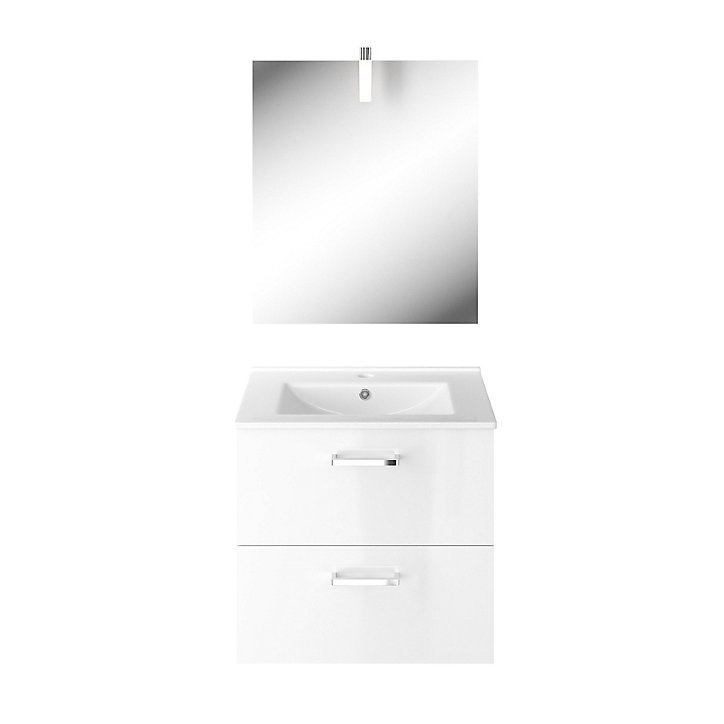 Meuble sous vasque à suspendre Opah blanc 60 cm + plan vasque en céramique + miroir éclairant