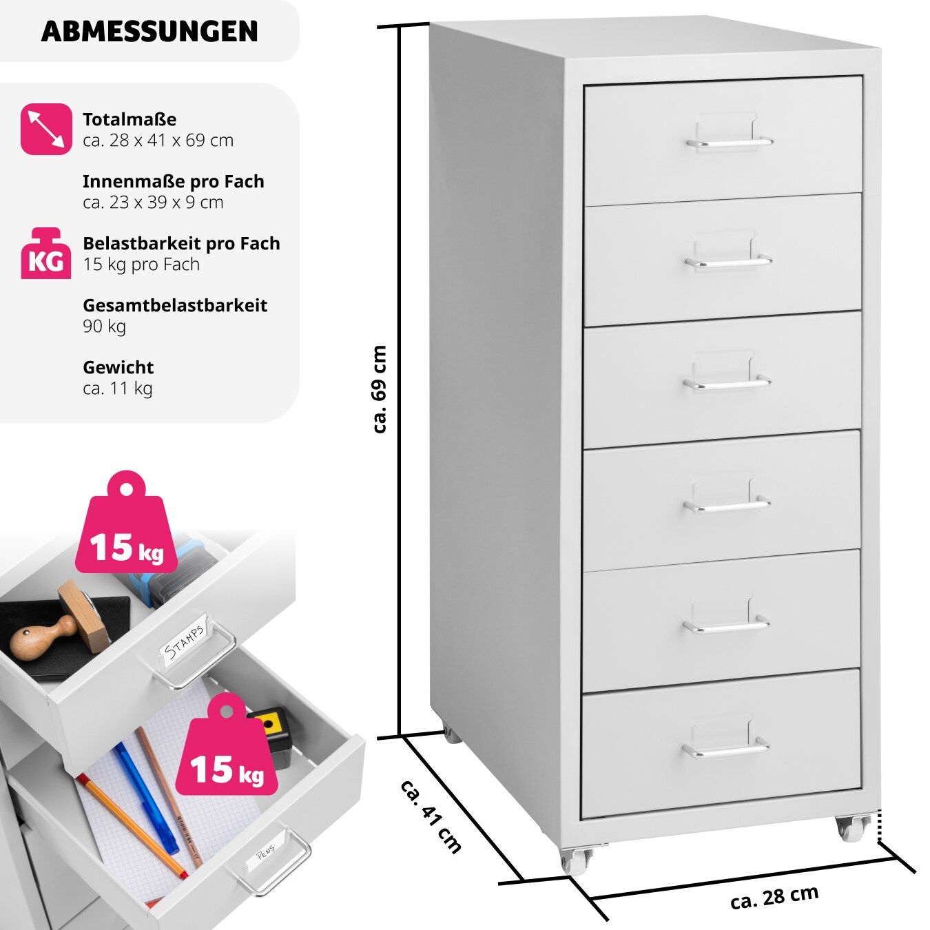 tectake® Rollcontainer, aus Stahl, 4 leichtgängige Rollen, einfache Montage, 41 x 28 x 69 cm