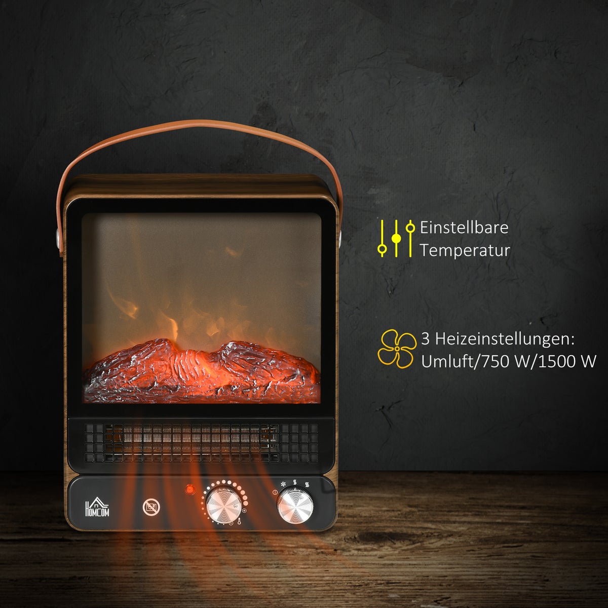 HOMCOM Elektrische haard met vlameffect, handgreep, 750/1500W, met oververhittingsbeveiliging voor woonkamer en binnenruimtes, 35L x 26B x 33,5H cm, ABS, PC, staal, gehard glas, geel + groen
