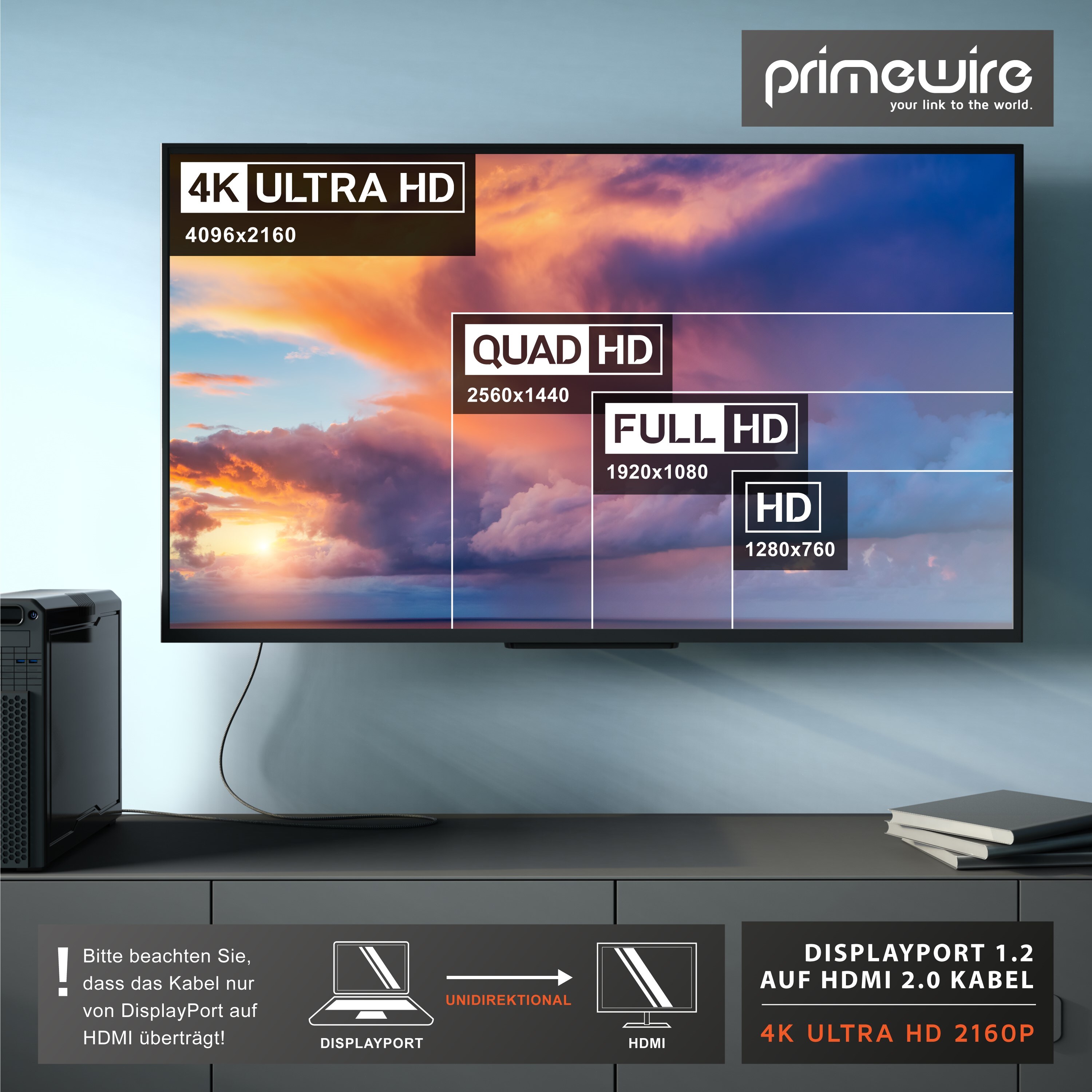 Primewire DP 1.2 zu HDMI 2.0 Adapterkabel 4k - UHD 3840 x 2160 @ 60 Hz - 2m