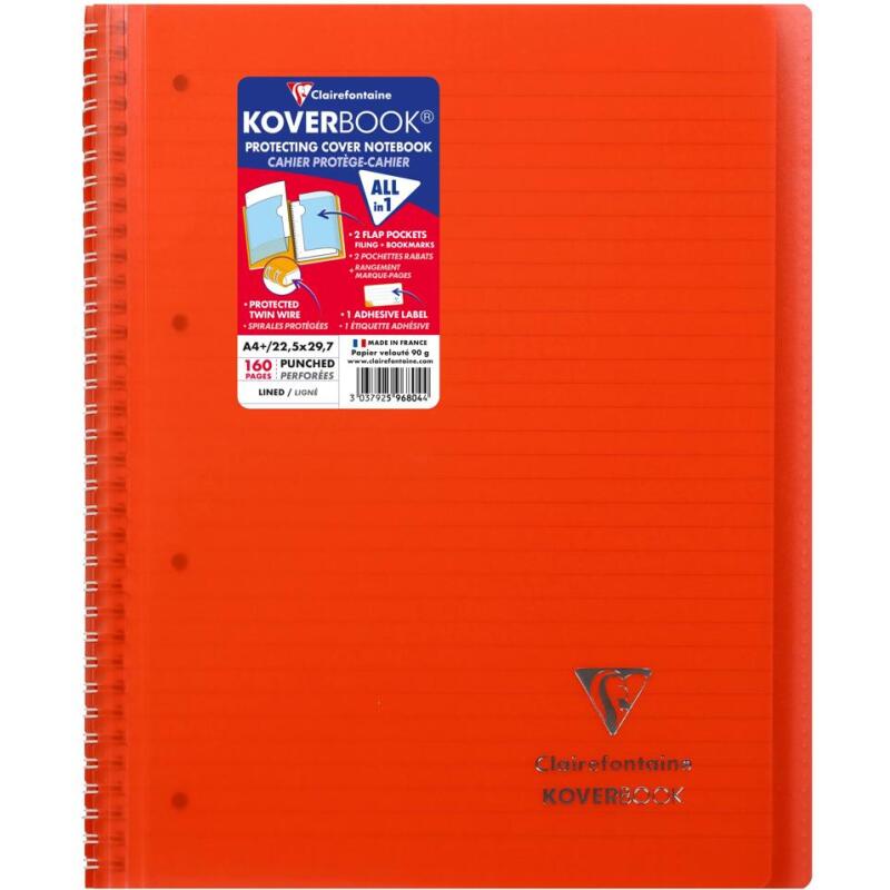 Cahier reliure intégrale enveloppante Koverbook A4+ 160 pages ligné + marge détachables perforé 4 trous couverture polypropylène transparent - Rouge